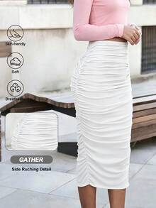 INAWLY Solid Ruched Pencil Skirt Fall Cloth For Women - White - View 1