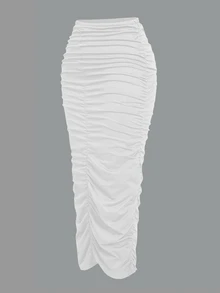 INAWLY Solid Ruched Pencil Skirt Fall Cloth For Women - White - View 4