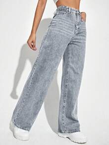SHEIN ICON Women's Straight Leg Denim Jeans Y2k - Blue - View 5