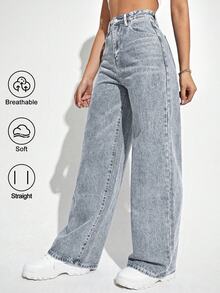SHEIN ICON Women's Straight Leg Denim Jeans Y2k - Blue - View 1