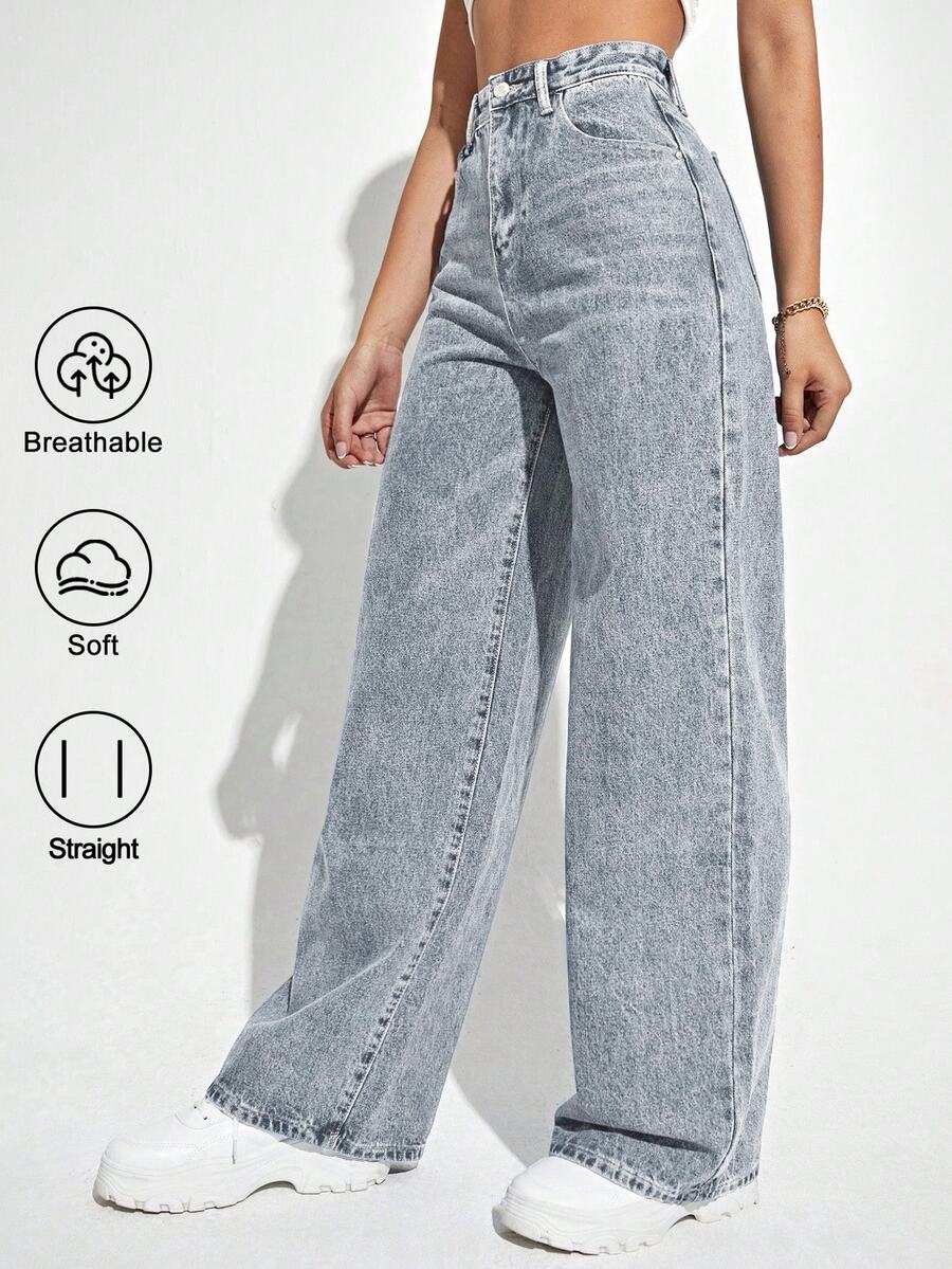 SHEIN ICON Women's Straight Leg Denim Jeans Y2k - Blue - View 1