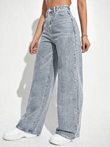 SHEIN ICON Women's Straight Leg Denim Jeans Y2k - Blue - View 4