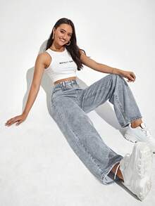SHEIN ICON Women's Straight Leg Denim Jeans Y2k - Blue - View 6