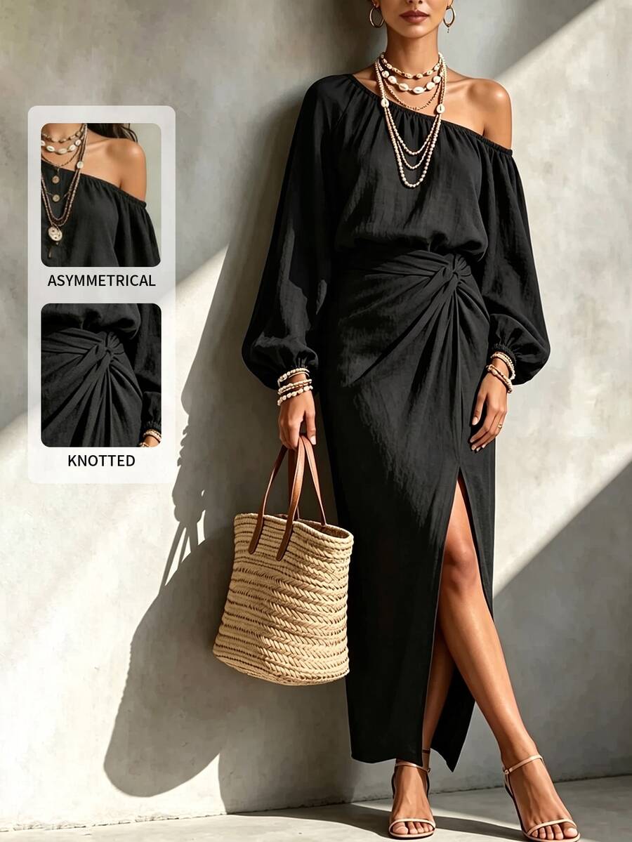 LUMIGAL Setelan 2 Potong Atasan Lengan Panjang Leher Asimetris Wanita + Rok Hitam - Hitam - View 1