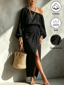 LUMIGAL Setelan 2 Potong Atasan Lengan Panjang Leher Asimetris Wanita + Rok Hitam - Hitam - View 5