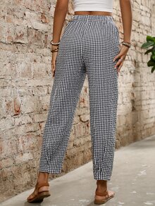 INAWLY Women's Checkered Casual Pants With Pockets, Tapered Leg - Black and White - View 2
