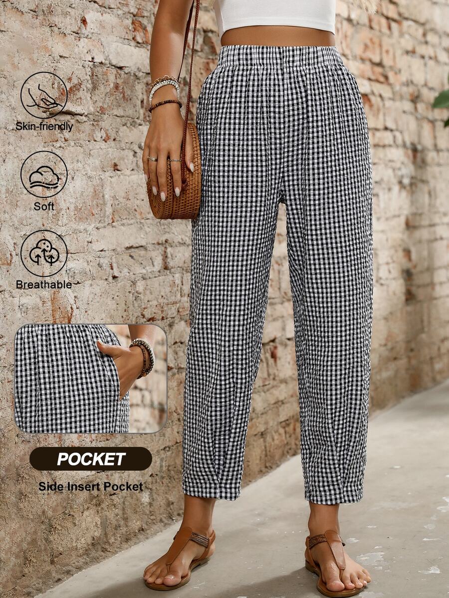 INAWLY Women's Checkered Casual Pants With Pockets, Tapered Leg - Black and White - View 1