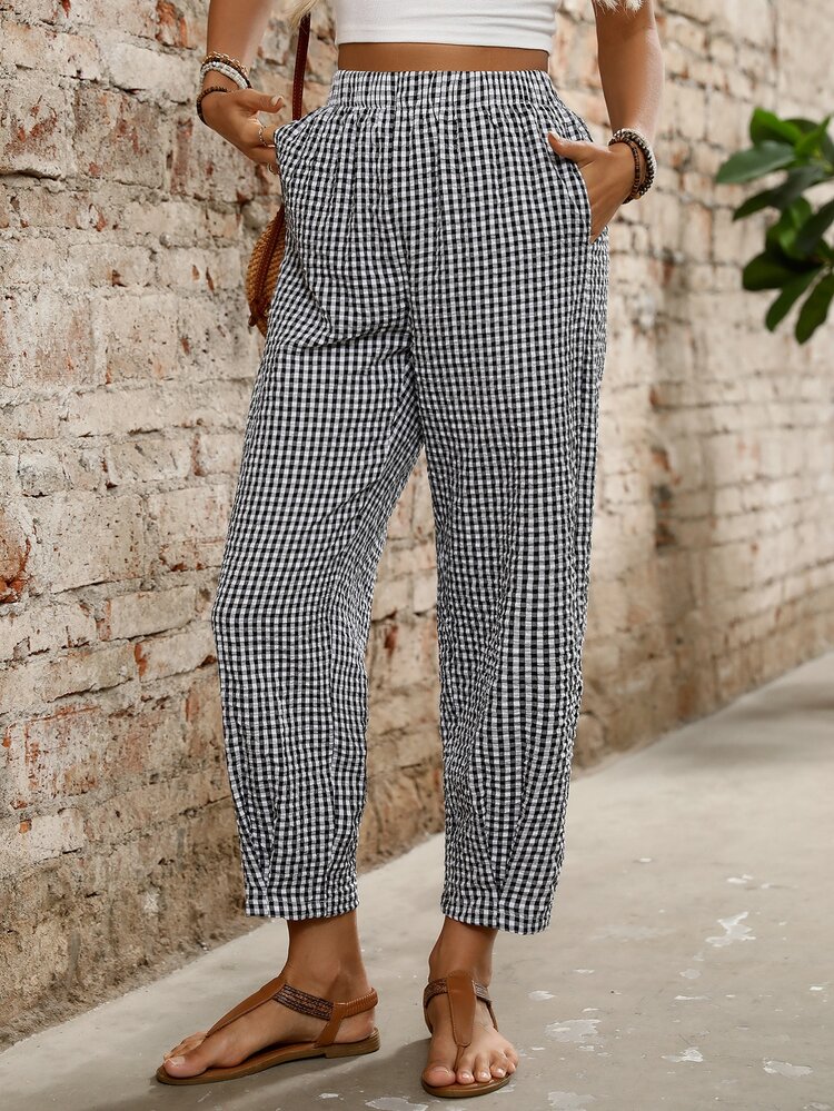 INAWLY Pantalones casuales de mujer a cuadros con bolsillos, pierna entallada - Blanco y Negro - Añade 4