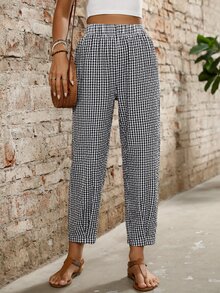 INAWLY Women's Checkered Casual Pants With Pockets, Tapered Leg - Black and White - View 5