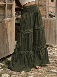 LanaWest Western Rustic Women's High Waist Wide Leg Pants With Textured Fabric & Ruffle Trim Fall Cloth For Women - Army Green - View 6
