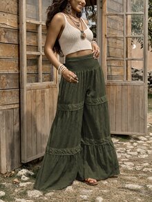 LanaWest Western Rustic Women's High Waist Wide Leg Pants With Textured Fabric & Ruffle Trim Fall Cloth For Women - Army Green - View 7