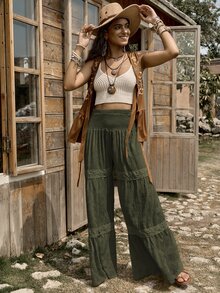 LanaWest Western Rustic Women's High Waist Wide Leg Pants With Textured Fabric & Ruffle Trim Fall Cloth For Women - Army Green - View 5