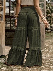 LanaWest Western Rustic Women's High Waist Wide Leg Pants With Textured Fabric & Ruffle Trim Fall Cloth For Women - Army Green - View 2