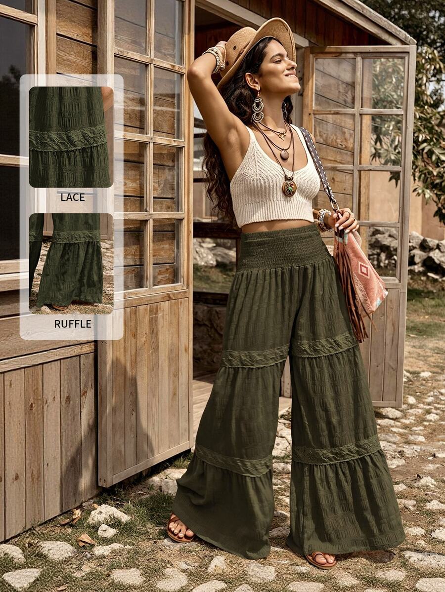 LanaWest Western Rustic Women's High Waist Wide Leg Pants With Textured Fabric & Ruffle Trim Fall Cloth For Women - Army Green - View 1