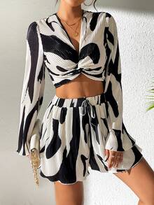 Rafferiza Abstract Print Two-Piece Outfit With Bell Sleeve Knot Top And Skort Fall Cloth For Women - Multicolor - View 7