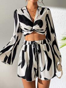 Rafferiza Abstract Print Two-Piece Outfit With Bell Sleeve Knot Top And Skort Fall Cloth For Women - Multicolor - View 3
