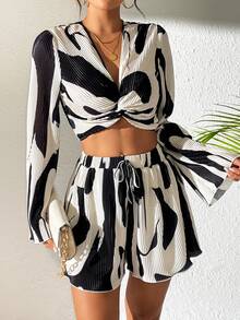 Rafferiza Abstract Print Two-Piece Outfit With Bell Sleeve Knot Top And Skort Fall Cloth For Women - Multicolor - View 6
