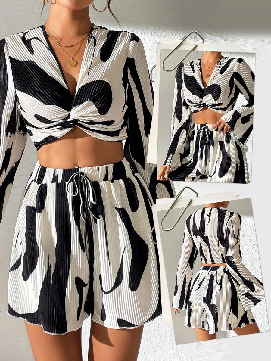 Rafferiza Abstract Print Two-Piece Outfit With Bell Sleeve Knot Top And Skort Fall Cloth For Women - Multicolor - View 1