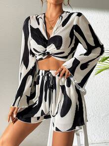 Rafferiza Abstract Print Two-Piece Outfit With Bell Sleeve Knot Top And Skort Fall Cloth For Women - Multicolor - View 4