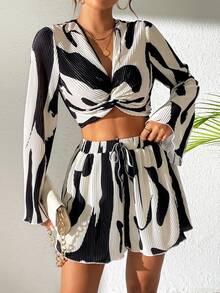 Rafferiza Abstract Print Two-Piece Outfit With Bell Sleeve Knot Top And Skort Fall Cloth For Women - Multicolor - View 5