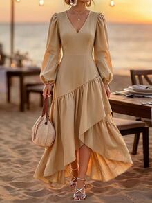 SHEIN Gaun Kasual Lengan Panjang Model Lentera Leher V Gaya Prancis Romantis Elegan Serbaguna Asimetris Berlapis dengan Hem Berkerut Lembut untuk Liburan Warna Khaki - Khaki - View 5