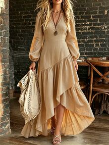 SHEIN Gaun Kasual Lengan Panjang Model Lentera Leher V Gaya Prancis Romantis Elegan Serbaguna Asimetris Berlapis dengan Hem Berkerut Lembut untuk Liburan Warna Khaki - Khaki - View 3