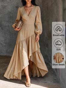 SHEIN Gaun Kasual Lengan Panjang Model Lentera Leher V Gaya Prancis Romantis Elegan Serbaguna Asimetris Berlapis dengan Hem Berkerut Lembut untuk Liburan Warna Khaki - Khaki - View 2