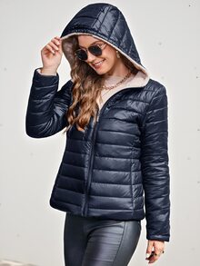 SHEIN 冬季服装休闲简约连帽加厚棉服外套 - 藏蓝色 - 查看 5