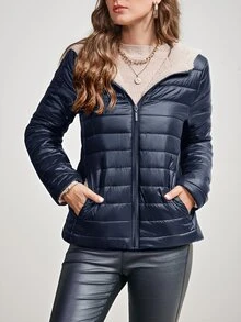 SHEIN 冬季服装休闲简约连帽加厚棉服外套 - 藏蓝色 - 查看 4