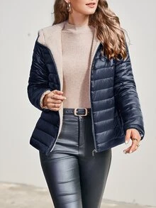 SHEIN 冬季服装休闲简约连帽加厚棉服外套 - 藏蓝色 - 查看 6