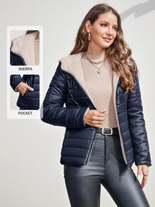 SHEIN 冬季服装休闲简约连帽加厚棉服外套 - 藏蓝色 - 查看 1