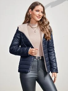 SHEIN 冬季服装休闲简约连帽加厚棉服外套 - 藏蓝色 - 查看 3