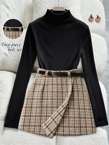 SHEIN 時尚簡約優雅女款秋季黑色針織修身打底上衣搭配法式復古格紋修身裙褲與黑色腰帶 2件套 - 彩色 - 查看 8