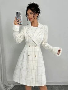 Elenzga 新款秋冬女式加厚长袖金色纽扣腰部设计毛领袖口修身及膝大衣，适合秋季穿着。 - 白色 - 查看 3