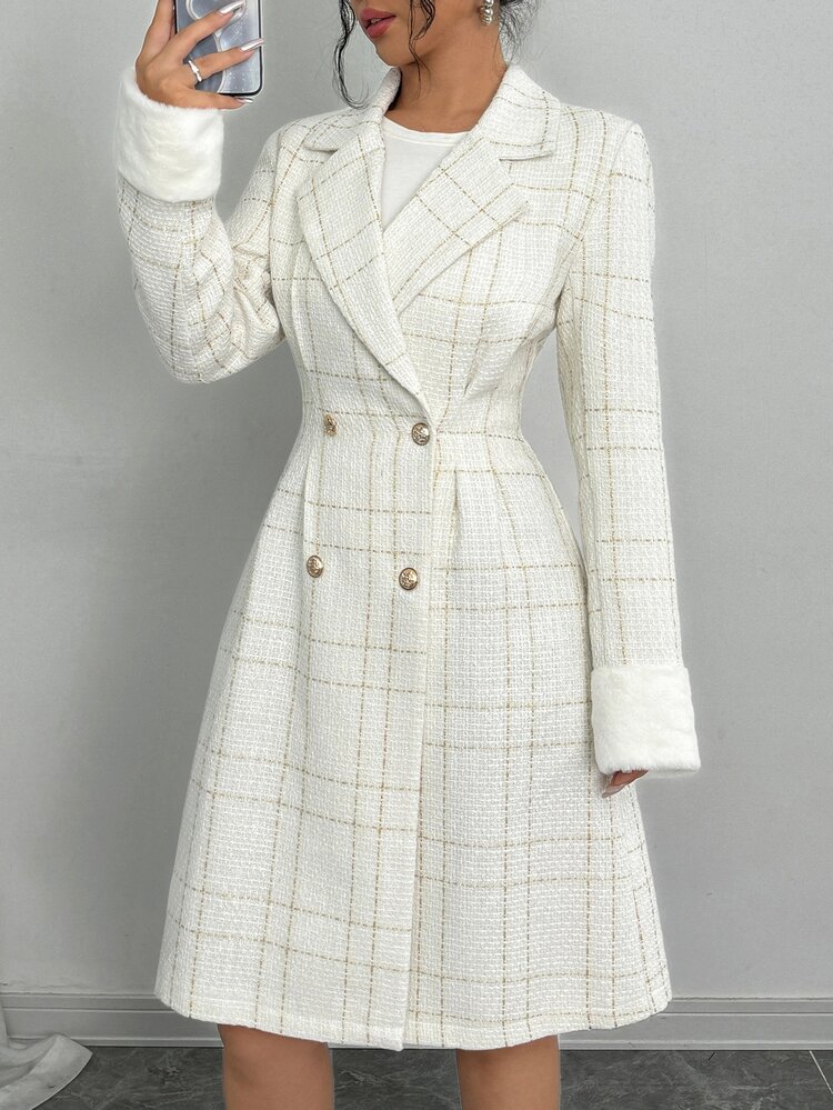 Elenzga New Autumn/Winter Women' Thick Long Sleeve Gold Button Closure Waist Designed Fur Cuffs Fitted Knee-Length Coat Fall Cloth For Women - White - View 7