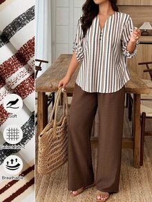 SHEIN LUNE Women's Plus Size Spring/Autumn 2-Piece Set Vintage Vertical Striped V-Neck Top + Solid Color Wide Leg Pants Loose Slouchy Vacation Casual Outfit - Multicolor - View 3