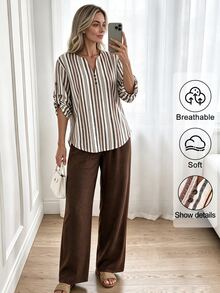 SHEIN LUNE Women's Plus Size Spring/Autumn 2-Piece Set Vintage Vertical Striped V-Neck Top + Solid Color Wide Leg Pants Loose Slouchy Vacation Casual Outfit - Multicolor - View 1
