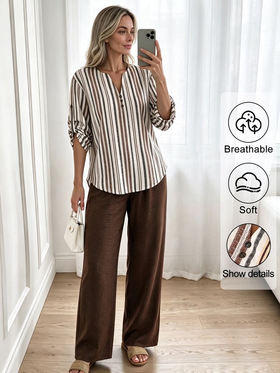 SHEIN LUNE Women's Plus Size Spring/Autumn 2-Piece Set Vintage Vertical Striped V-Neck Top + Solid Color Wide Leg Pants Loose Slouchy Vacation Casual Outfit - Multicolor - View 1