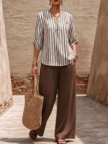 SHEIN LUNE Women's Plus Size Spring/Autumn 2-Piece Set Vintage Vertical Striped V-Neck Top + Solid Color Wide Leg Pants Loose Slouchy Vacation Casual Outfit - Multicolor - View 9