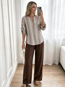 SHEIN LUNE Women's Plus Size Spring/Autumn 2-Piece Set Vintage Vertical Striped V-Neck Top + Solid Color Wide Leg Pants Loose Slouchy Vacation Casual Outfit - Multicolor - View 8