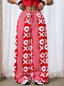 Zolique 女式松紧腰抽绳宽松全印花休闲裤 - 紅白色 - 查看 4