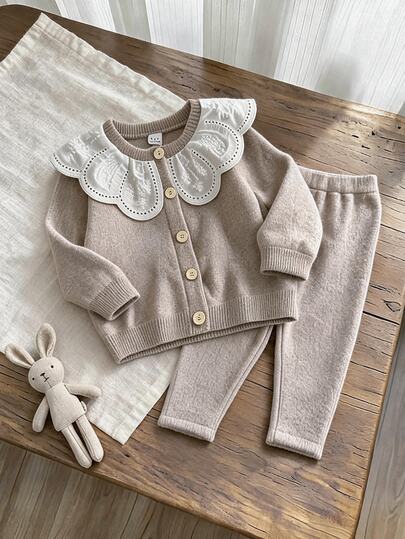 SHEIN Playful Pals 2pcs Baby Girl Knit Cardigan Pants Cute Camel Lace Floral Embroidery Long Sleeve Round Neck Regular Party Fall Holiday Halloween Christmas Elegant