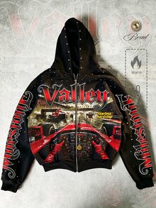 ROMWE MEN Street Life 2026秋冬新款時尚賽車圖案酷感男士衛衣連帽衫 厚款秋冬風 VALLEY 中性情侶款休閒街頭美式連帽衛衣外套 女款 - 黑色 - 查看 5