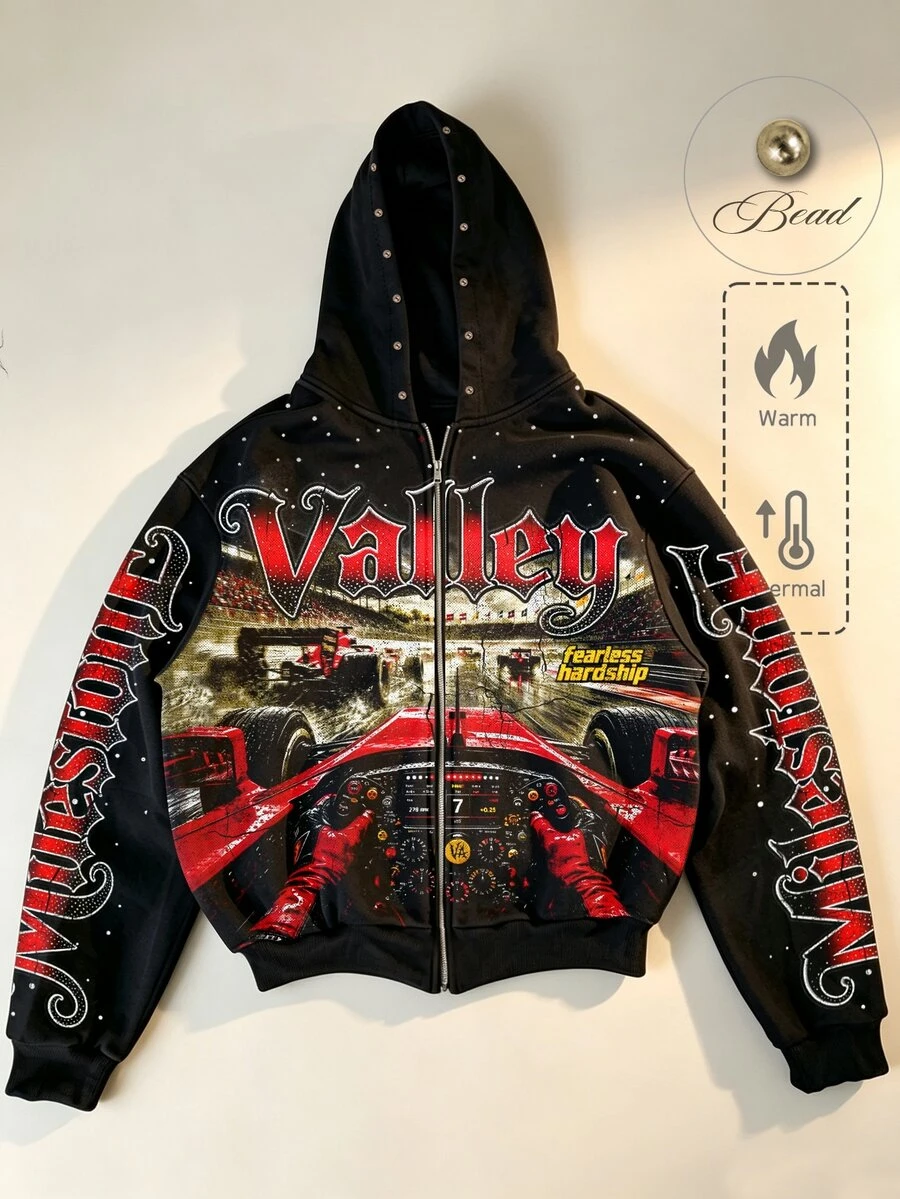ROMWE MEN Street Life 2026秋冬新款時尚賽車圖案酷感男士衛衣連帽衫 厚款秋冬風 VALLEY 中性情侶款休閒街頭美式連帽衛衣外套 女款 - 黑色 - 查看 1