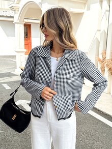 SHEIN Frenchy Women's Black And White Checkered Cotton Long-Sleeved Autumn/Winter Coat With Contrasting Trim At The Hem And Lapel,Plaid Shirt - Black and White - View 7