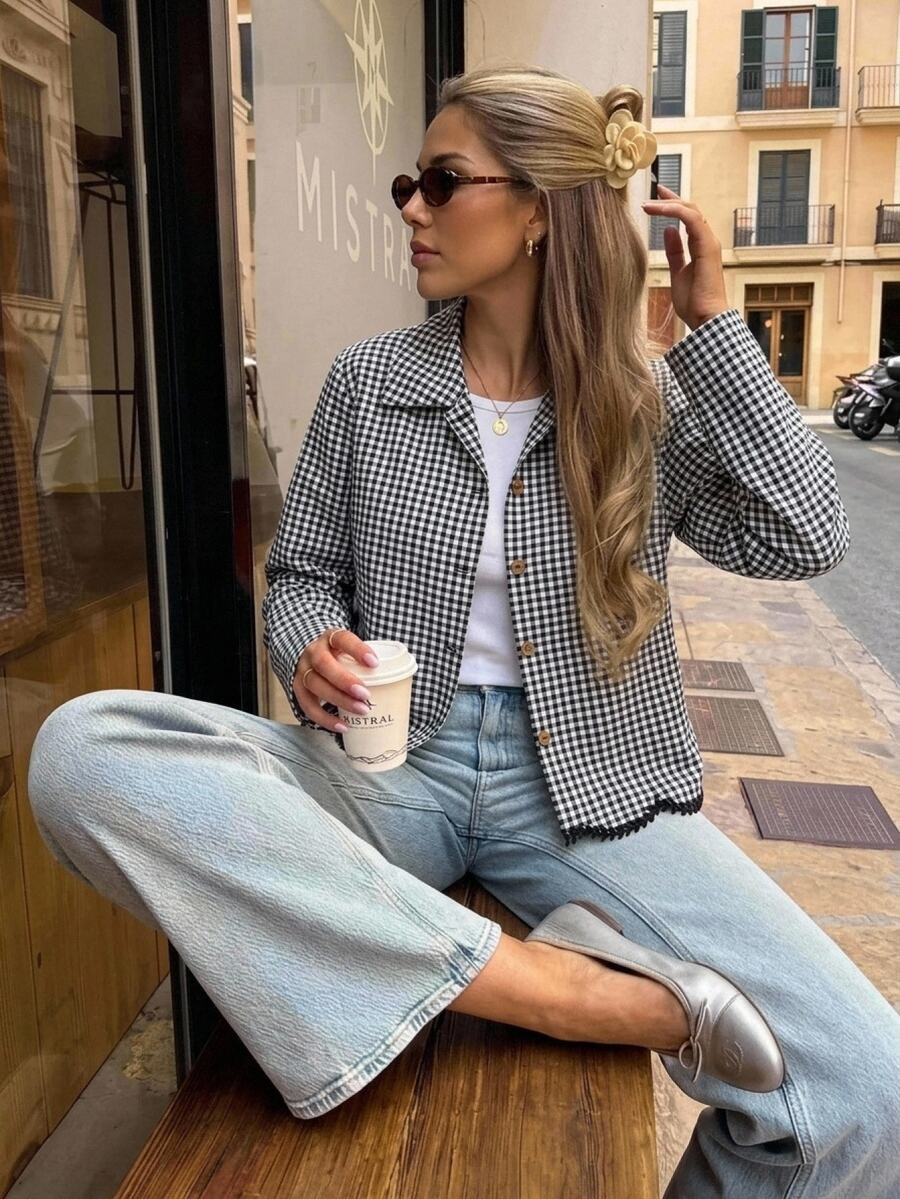 SHEIN Frenchy Women's Black And White Checkered Cotton Long-Sleeved Autumn/Winter Coat With Contrasting Trim At The Hem And Lapel,Plaid Shirt - Black and White - View 1