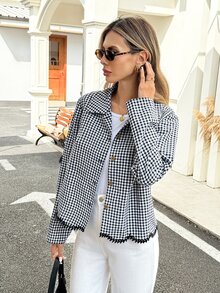 SHEIN Frenchy Women's Black And White Checkered Cotton Long-Sleeved Autumn/Winter Coat With Contrasting Trim At The Hem And Lapel,Plaid Shirt - Black and White - View 6