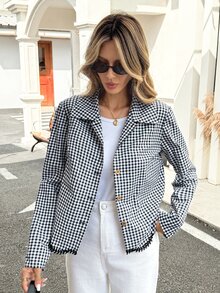 SHEIN Frenchy Women's Black And White Checkered Cotton Long-Sleeved Autumn/Winter Coat With Contrasting Trim At The Hem And Lapel,Plaid Shirt - Black and White - View 9