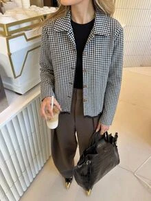 SHEIN Frenchy Women's Black And White Checkered Cotton Long-Sleeved Autumn/Winter Coat With Contrasting Trim At The Hem And Lapel,Plaid Shirt - Black and White - View 4