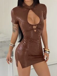 Bitrose Brown Crocodile Texture Sexy Style Small Stand Collar Water Drop Neck Fashion High-End New Chinese Style Summer Women's Short Dress Club Party - Brown - View 5